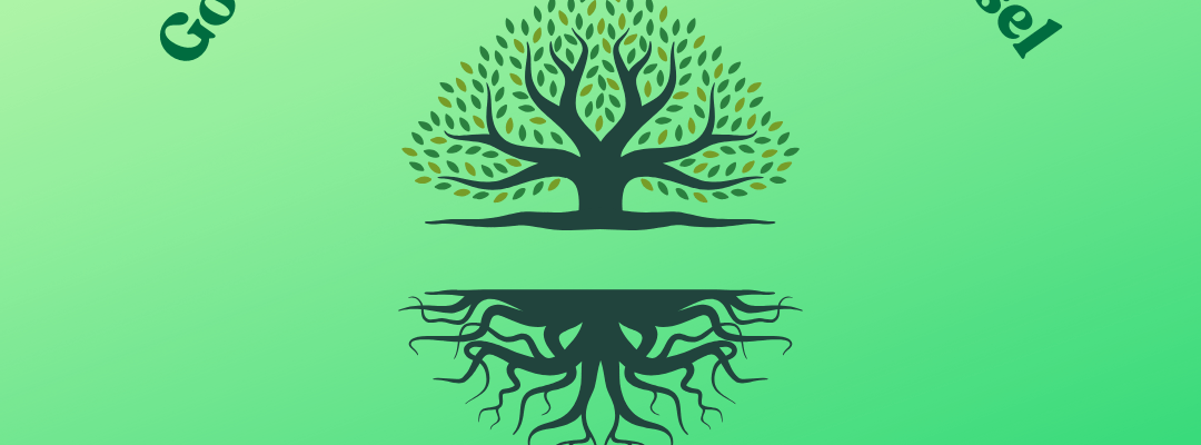 a tree, with its reflection against a green background, and the words Go not to the Elves for Counsel, a podcast about therapy, fantasy and tolkien