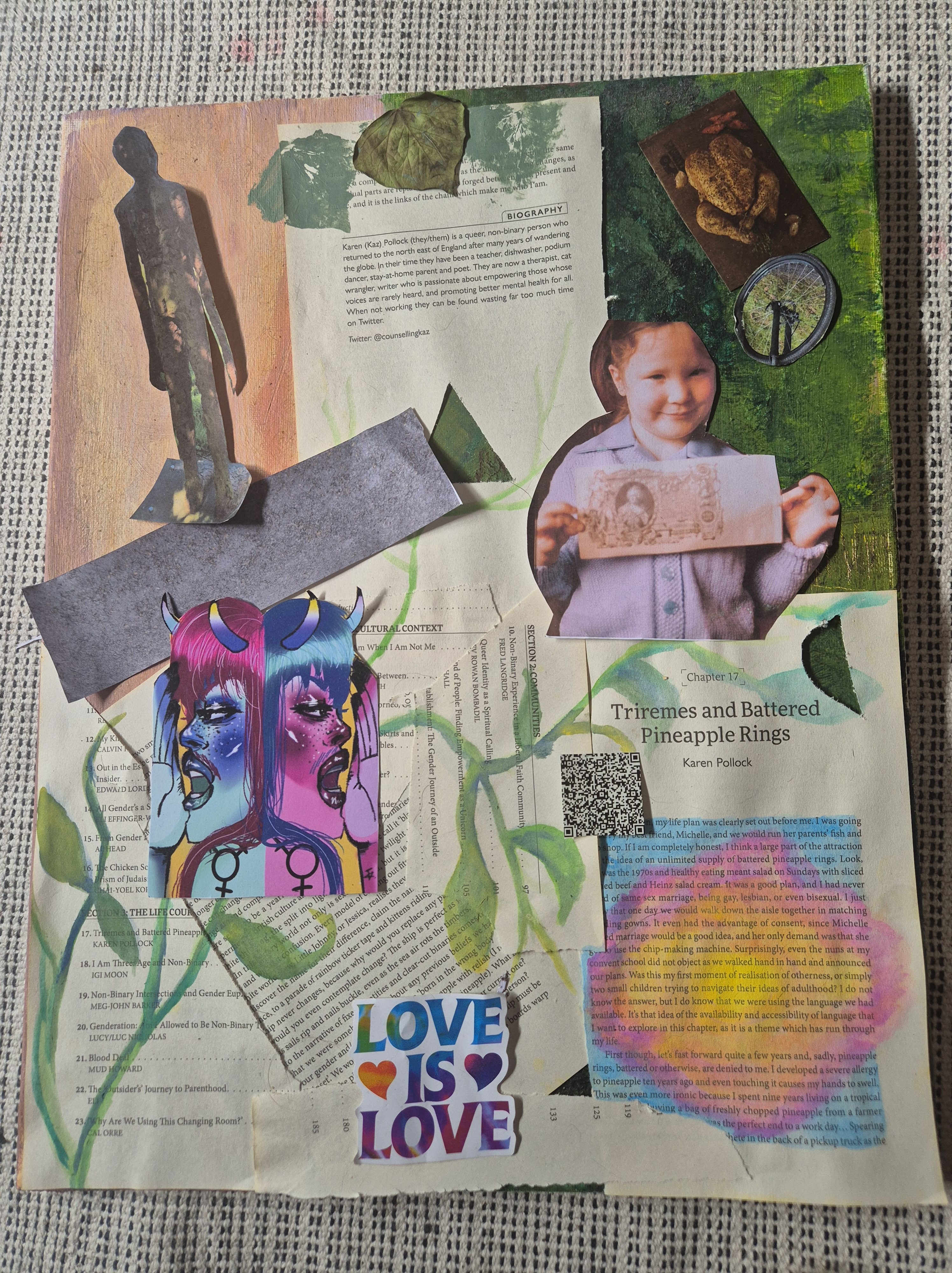 A collage featuring various images and text, including a silhouette, a girl holding a banknote, colorful artistic illustrations of faces, and text from a book titled 'Triremes and Battered Pineapple Rings' by Karen Pollock. The collage also includes natural elements like leaves and a message stating 'LOVE IS LOVE'.
